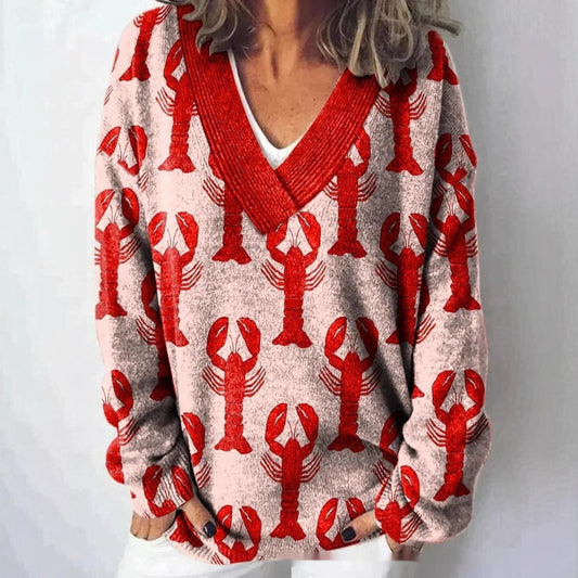 Floral Pattern Printed V-neck Long Sleeve Casual Sweatshirt