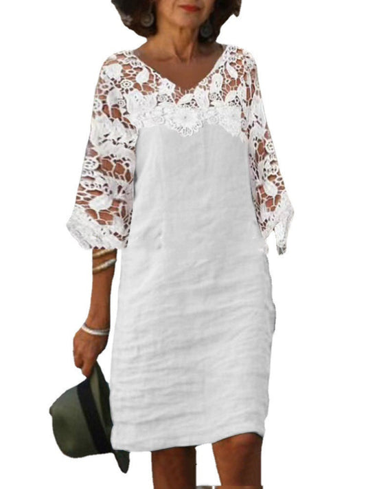 Casual Lace Stitching One-neck Cotton And Linen Dress