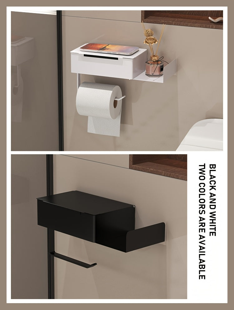 1pc Wrought Iron Bathroom Tissue Holder with Shelf - Self-Adhesive Wall Mounted Toilet Paper Roll Dispenser, Non-Drilling Installation, Multi-Functional Storage for Wet Wipes and Phone, Home Decor