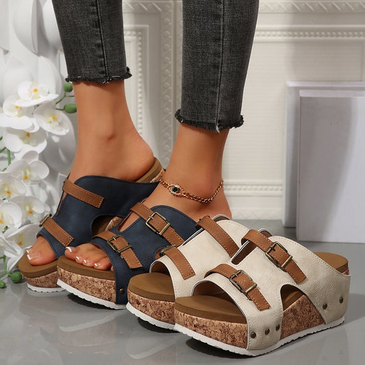 Ins Buckle Wedges Sandals Summer Fish Mouth Thick High Heel Slides Slippers Outdoor Fashion Beach Roman Shoes For Women