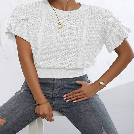 Twisted String Ruffled Short Sleeves Round Neck Knitted Pullover Knitted Sweater