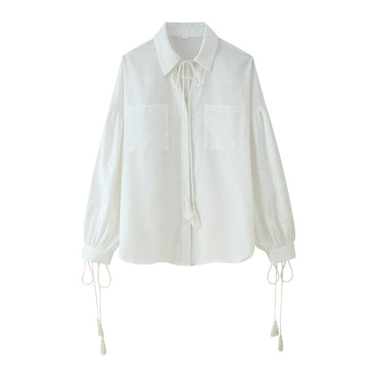 Women's Cotton And Linen Tassel Lace-up Embroidered Shirt Embroidered Trousers