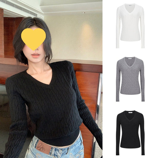 Women's Clothing Is Super Stylish With A High-end Simple And Versatile Cable-knit V-neck Sweater