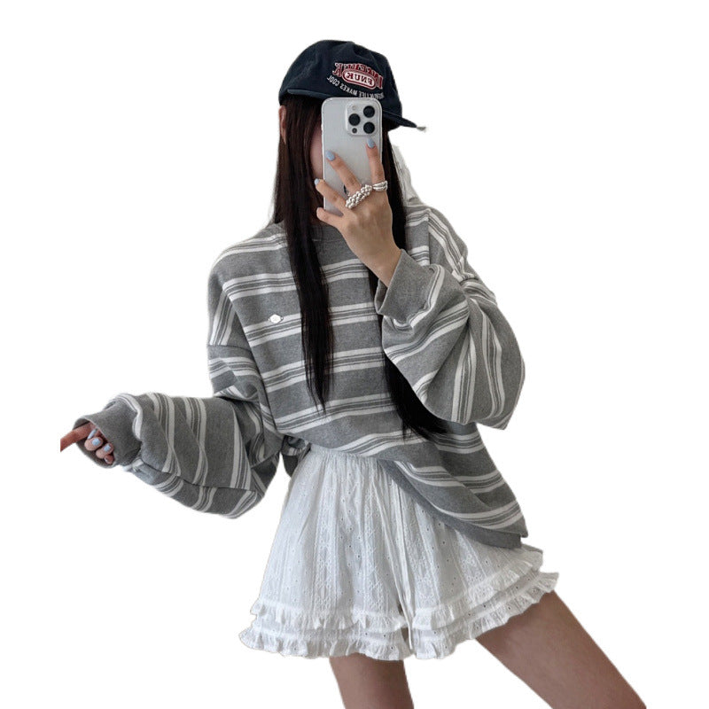 Korean Retro Preppy-Style Striped Long-Sleeve Sweatshirt