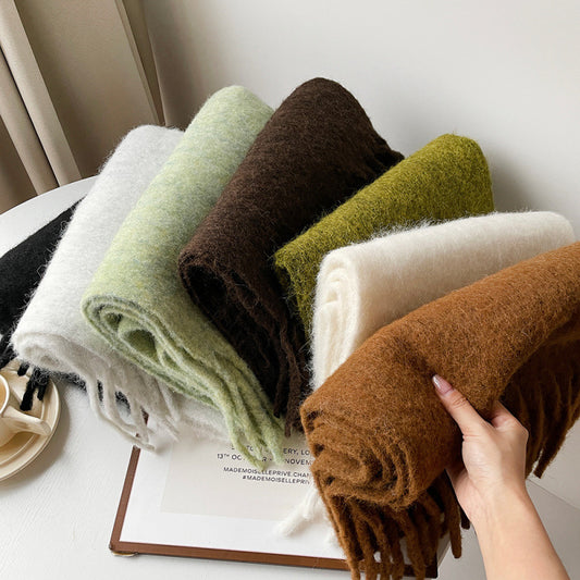 Mellard Merino Wool Korean-Style Relaxed-Feel Solid-Color Brushed Warm Scarf For Women