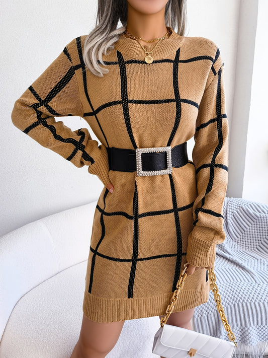Premium Color Block Plaid Sweater Dress - Women's Long Sleeve Casual Bodycon Dress