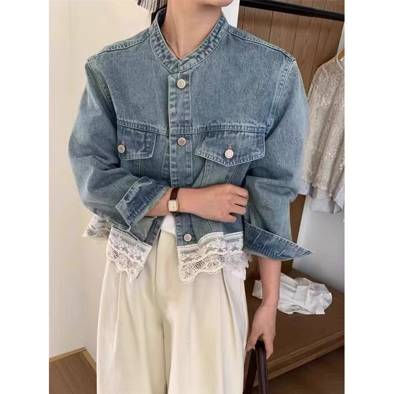 Retro Washed Small Stand Collar Lace Stitching Loose Casual Denim Coat Women's Short