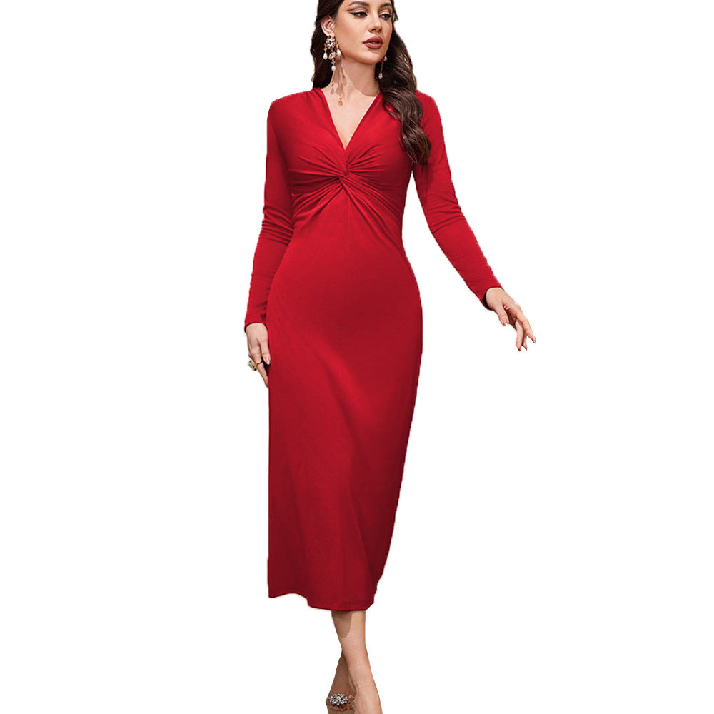 French-style Elegant Dress For Autumn And Winter VneckFigurehugging Slimming Red Midi Skirt