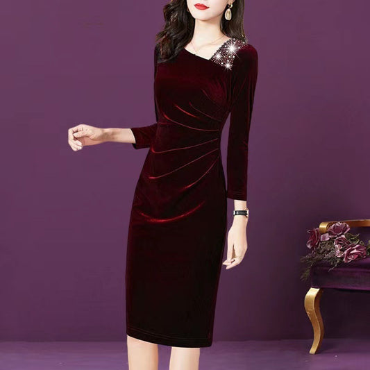 Long-sleeved Velvet Sheath Skirt With Fleece Lining And Extra Thickness