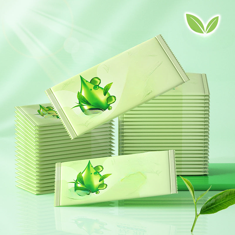100 Individually Packaged Wet Wipes with Green Tea for Face Cleansing, Oil Removal, Portable And Disposable, Essential for Daily Use, Sports, Sweating, And Travel.