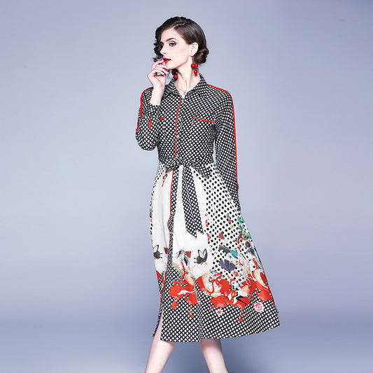 Fashion Printed Long-sleeved Waist Waist Mid-length Western-style Dress