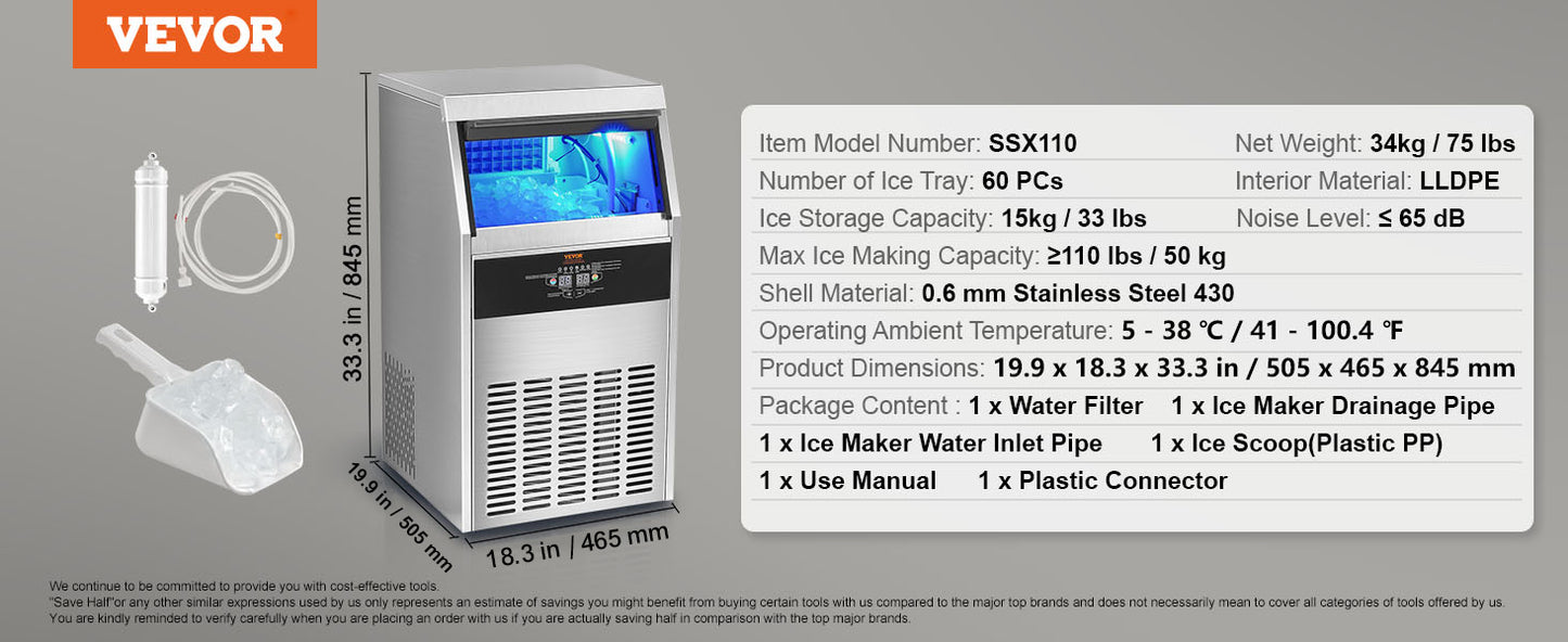 VEVOR Commercial Ice Maker 110lbs/24H 60 Ice Cubes in 12-15 Minutes 33lbs Storage Capacity LED Digital Display