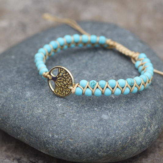 Fashion Braided Double Layer Turquoise Bracelet Bohemian Ethnic Style Tree-of-life Adjustable Yoga Bracelet For Women