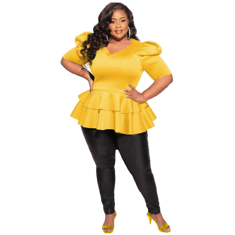 Plus-size Women's Clothing Ruffled Short-sleeve T-shirt Top