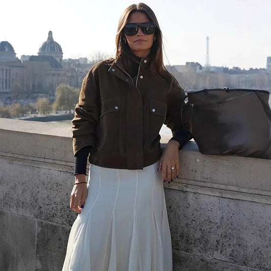 Jacket Brown Coat Front Zipper Short Trench Coat Coat