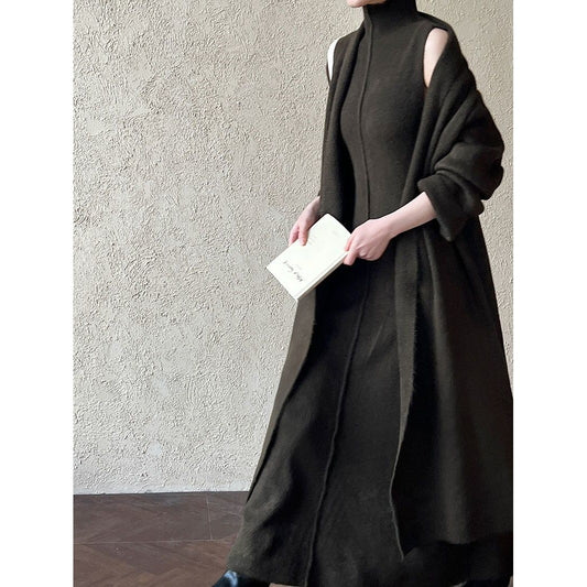 Women's Long Warm Sleeveless Turtleneck Dress Two-piece Set