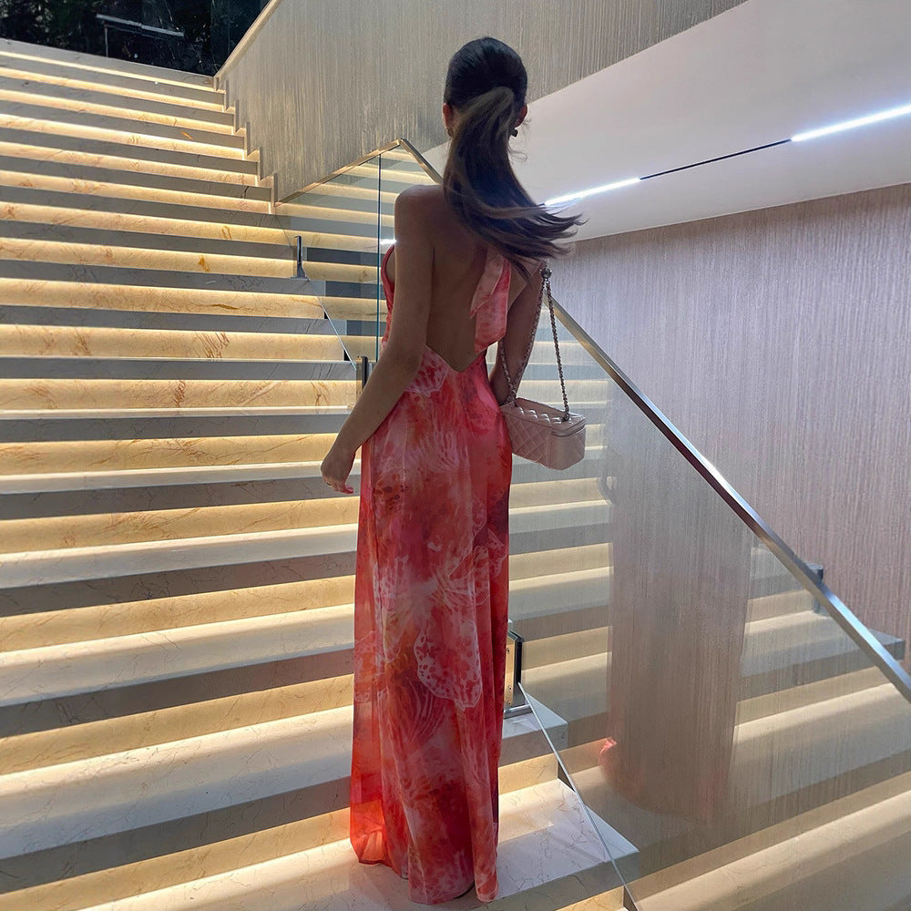 Fashionable Backless Sleeveless Halter Neck Women's Dress Evening Gown