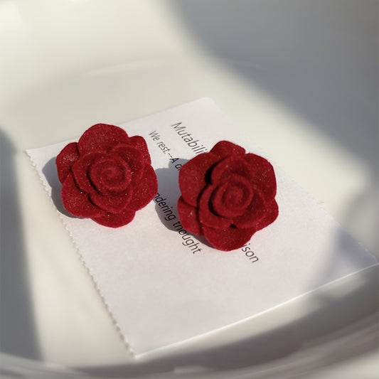 Red Rose Flower Velvet Stud Earrings High-end Retro Ear Decoration Jewelry For Women