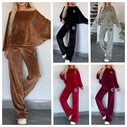 Velvet Solid Color Crew-neck Batwing Sleeve Casual Two-piece Suit Women's Clothing