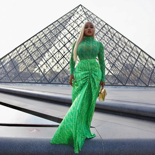 Women's Pleating Slim Fit Long Dress Two-piece Suit