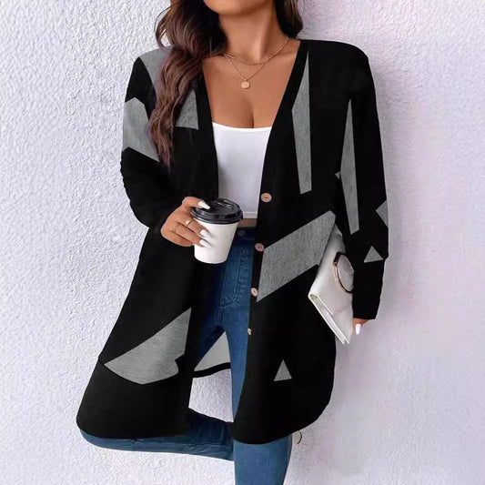 Loose Casual Plus Size Knitwear Cardigan Button Stitching Printing Coat