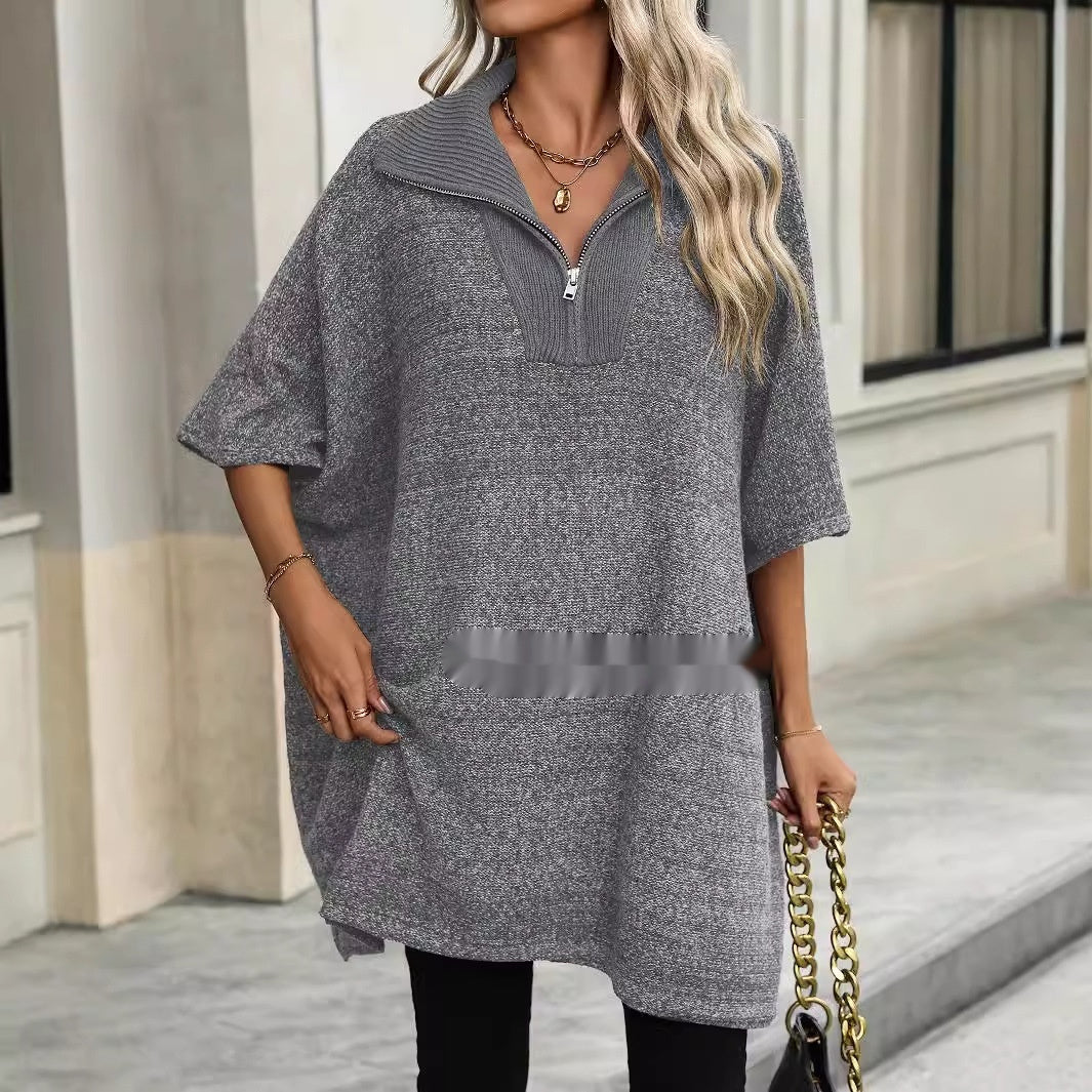 Women's Fashionable Mid-length Zipper And Lapel Sweater