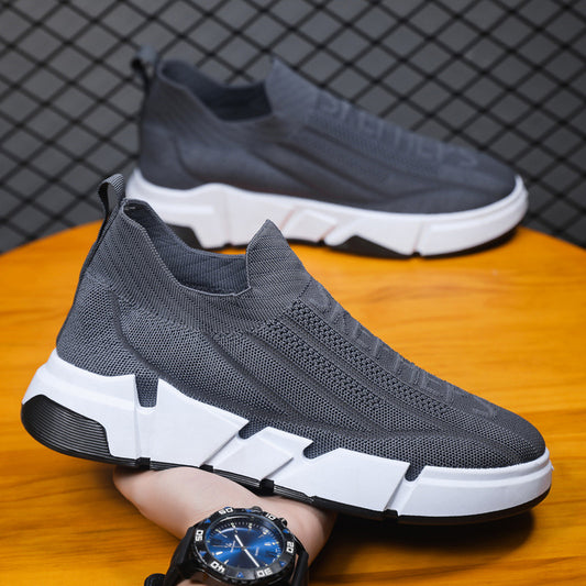 Spring Men's Casual Sports Shoes With Flyknit Mesh Upper And Sock Cuffs - Slip-on