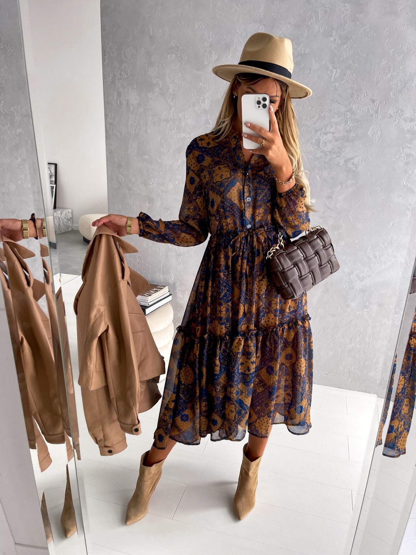 New Long-sleeved Mid-length Printed Dress