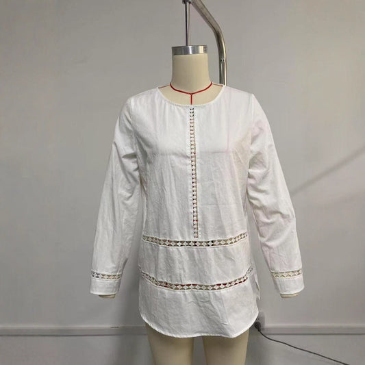 Versatile Women's Round-neck Semi-sheer Hollow-out Long-sleeve Shirt