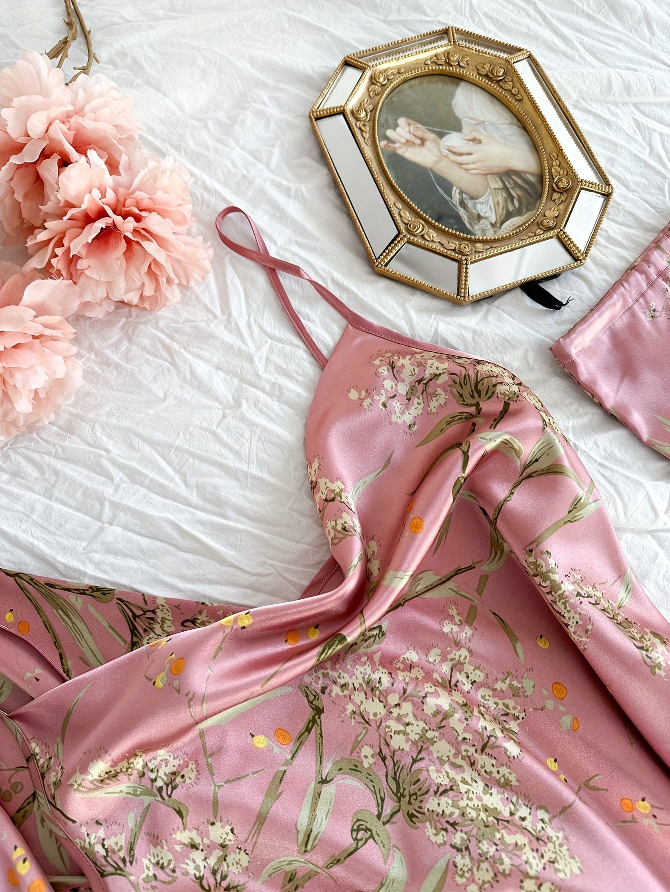 Women's Cherry Print Pajama Set - Elegant V-Neck Sleepwear with Suspender Shorts & Skirt