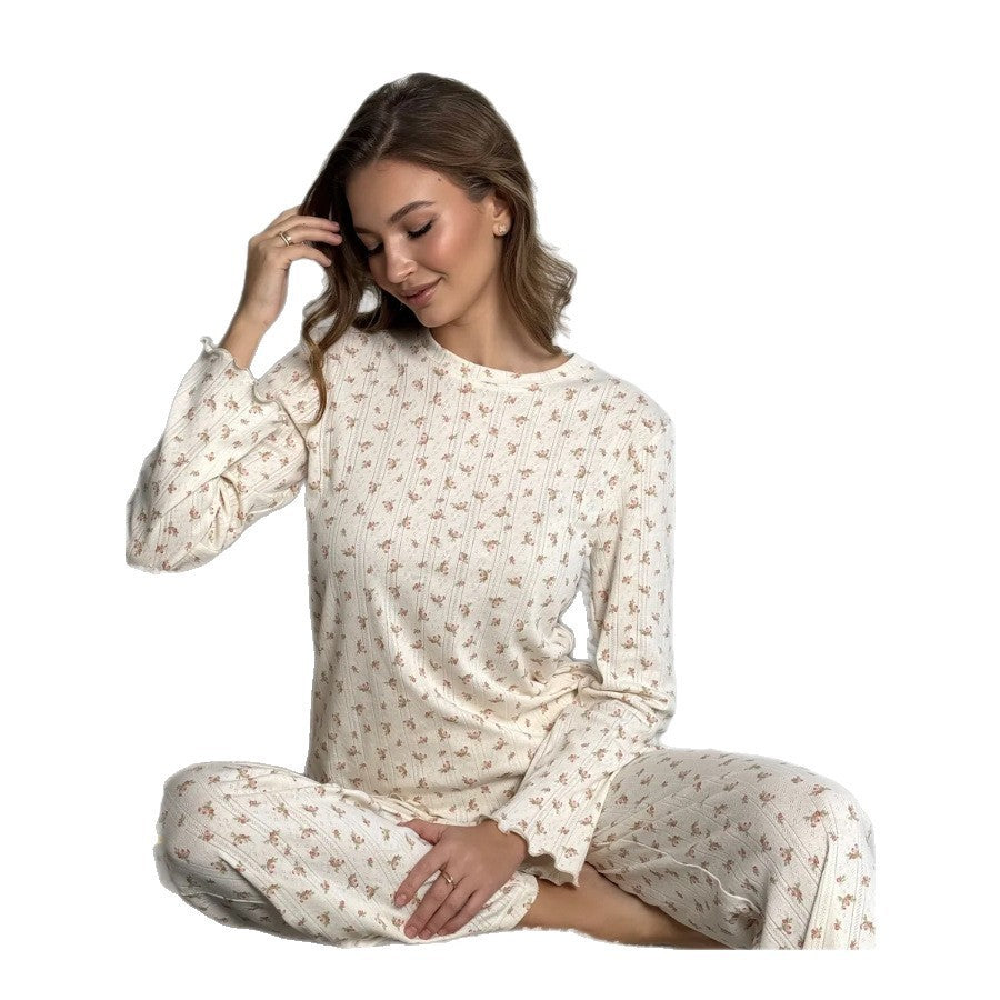 Women's Spring And Summer Floral Print Bell Sleeve Round Neck Top Wide Leg Pants Home Wear Suit