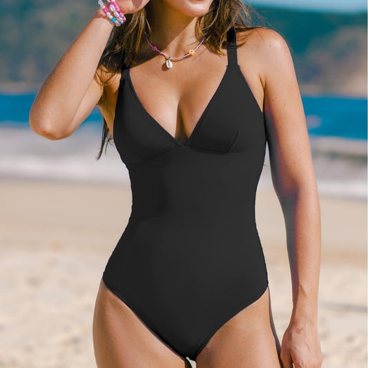 European And American Style New Swimsuit Solid Color And V-neck Slim Fit Figure Flattering Jumpsuit Women