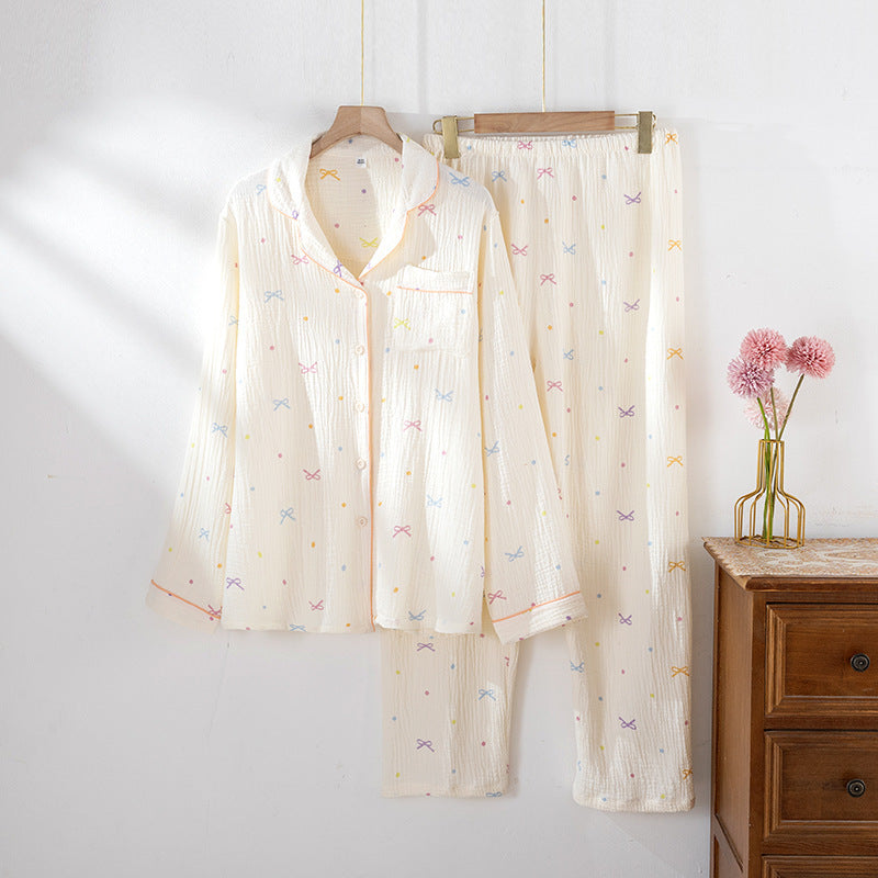 Women's Cotton Pajamas Crepe Cotton Cloth Thin Long-sleeved Homewear Suit