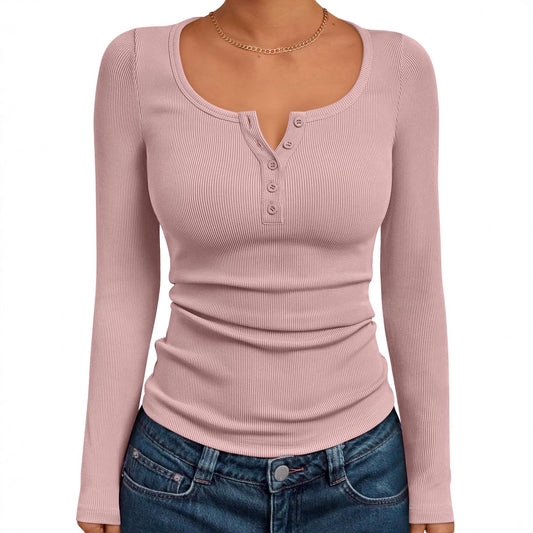 Women's Solid Color Buttons Long-sleeved T-shirt Thread Knitted Top