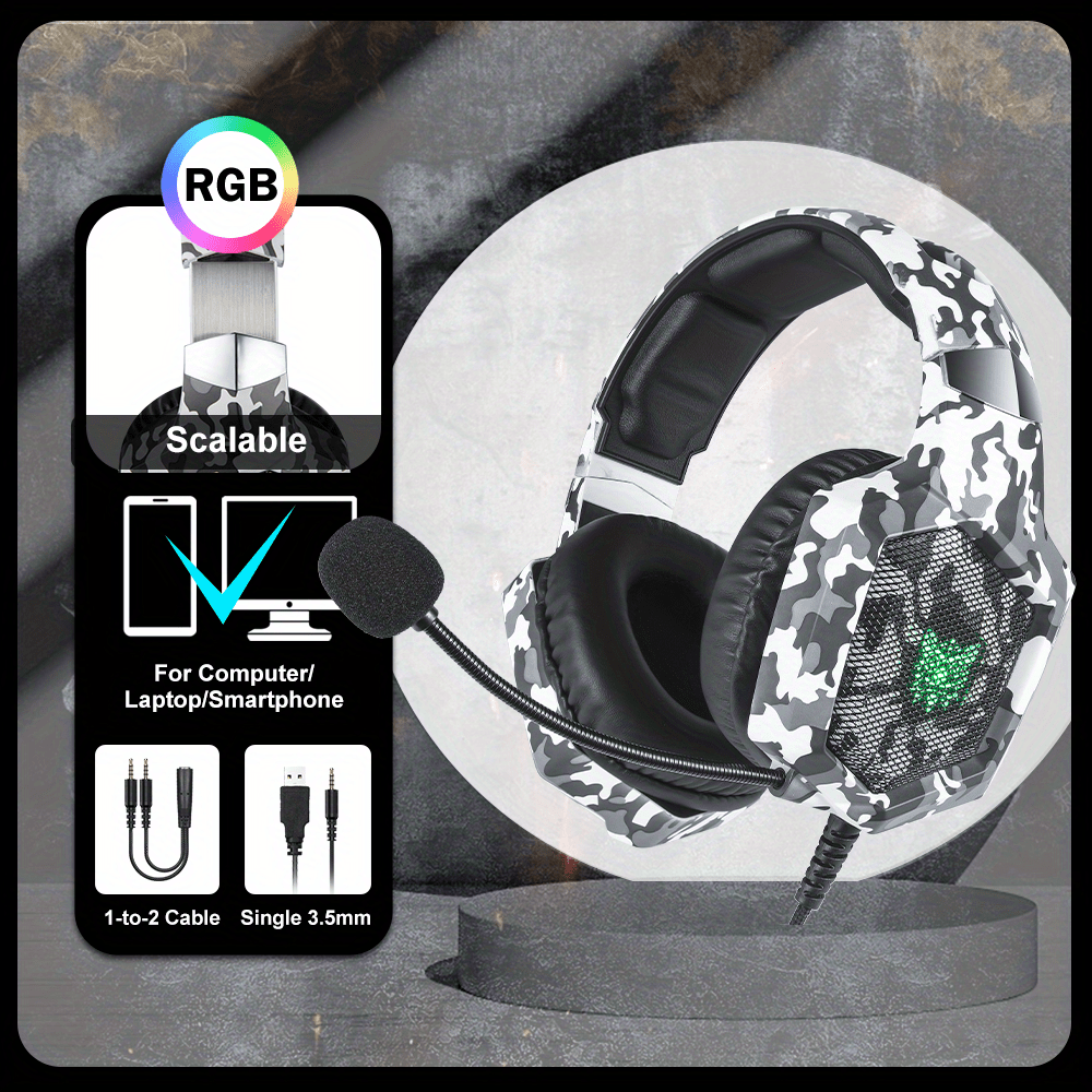 ONIKUMA K8 Wearable Gaming Headset For Computer With Microphone Wired Headset-gaming Headphones For PS4/PS5/Xbox One/PC With LED Lights, For Playstation Headset With Noise Reduction 7.1 Surround Sound Over-Ear And Wired 3.5mm