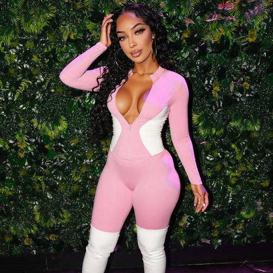 Slim-fit Zipped Fitness Color-block Figure-flattering Jacket And Pants Set