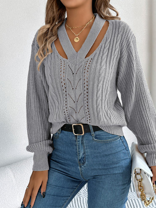Women Casual Hollow Out V-Neck Cable Knit Lantern Sleeve Pullover Sweater
