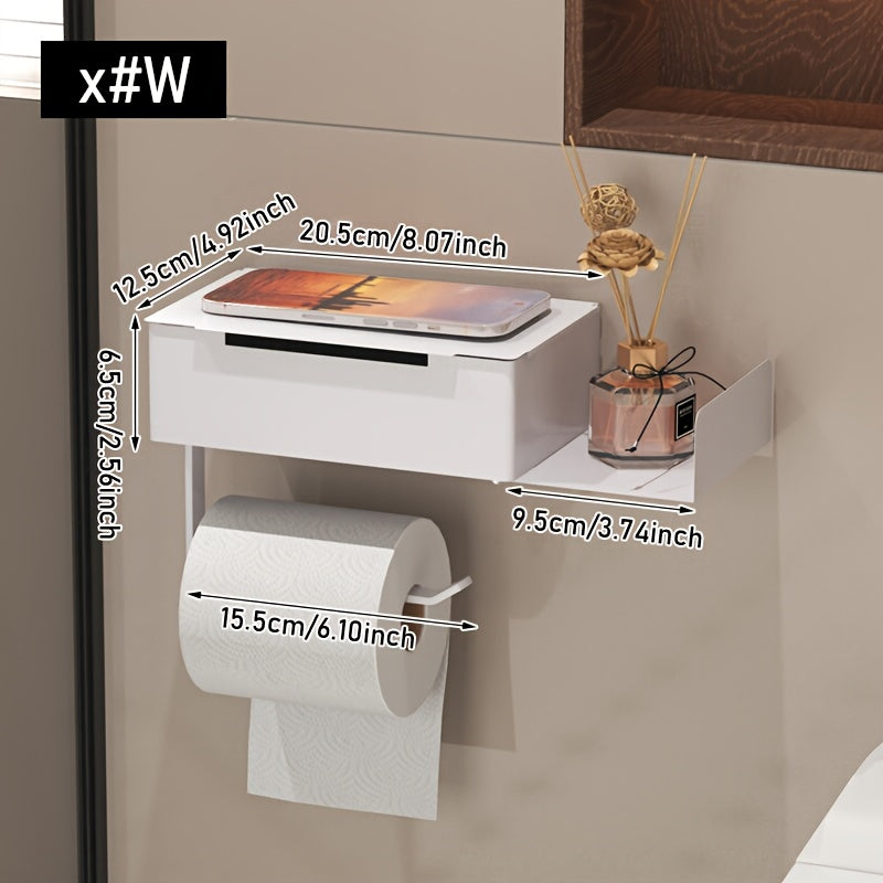 1pc Wrought Iron Bathroom Tissue Holder with Shelf - Self-Adhesive Wall Mounted Toilet Paper Roll Dispenser, Non-Drilling Installation, Multi-Functional Storage for Wet Wipes and Phone, Home Decor