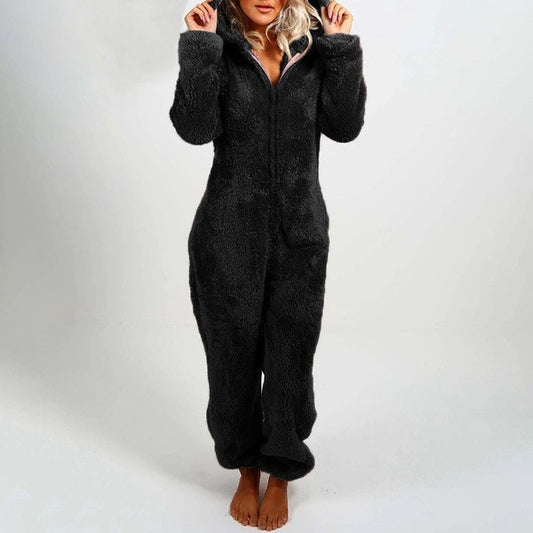 European And American Autumn Winter Women's Wear Fleece-lined Thick Furry Jumpsuit Hooded Cat Ear Pajamas