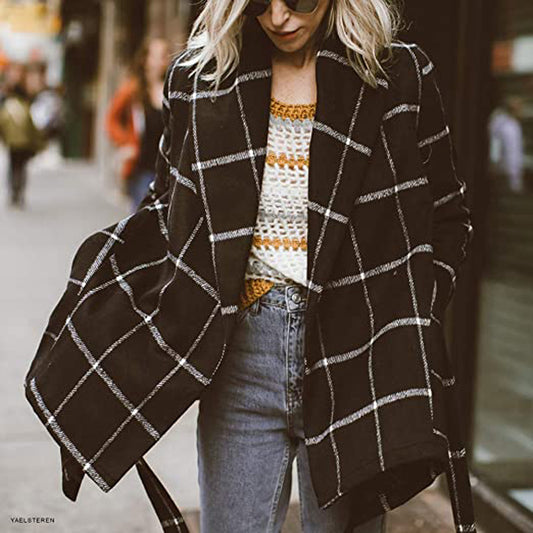 Lace-up Plaid Color Matching Woolen Coat Mid-length Trench Coat For Women