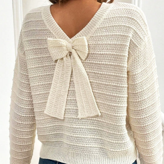 Round Neck Back Bow Design Gentle All-match Sweater