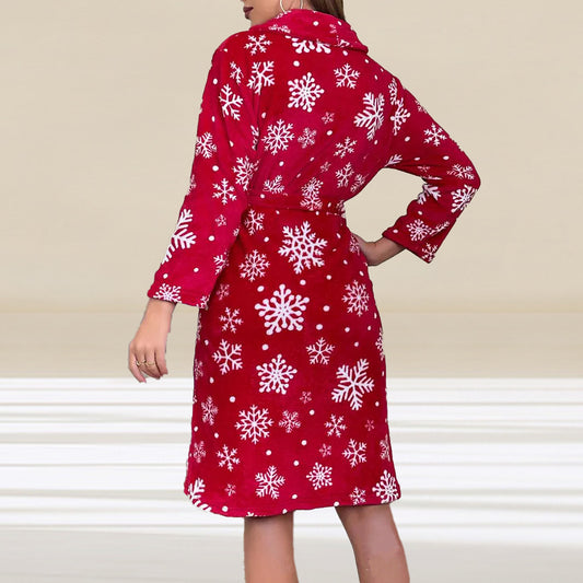 Christmas Snowflake Bathrobe Printed Lace-up Flannel Thick Night-robe