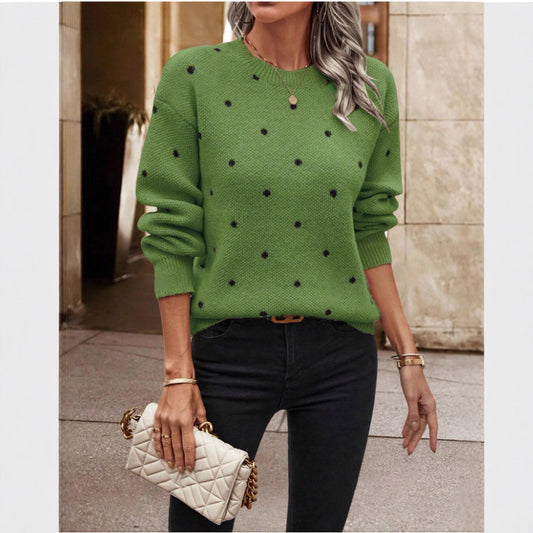 Fashion Round Neck Long Sleeve Pullover Sweater Polka Dot Print Knitwear