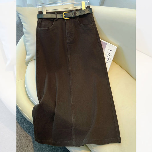 Brown A- Line Straight Skirt Retro Slit Hip Skirt