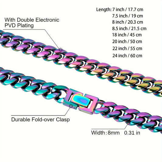 8mm Rainbow Miami Cuban Link Bracelet Necklace For Men