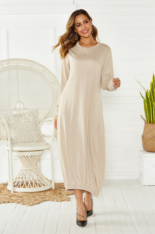 Lace-up Crew Neck Loose Long Dress