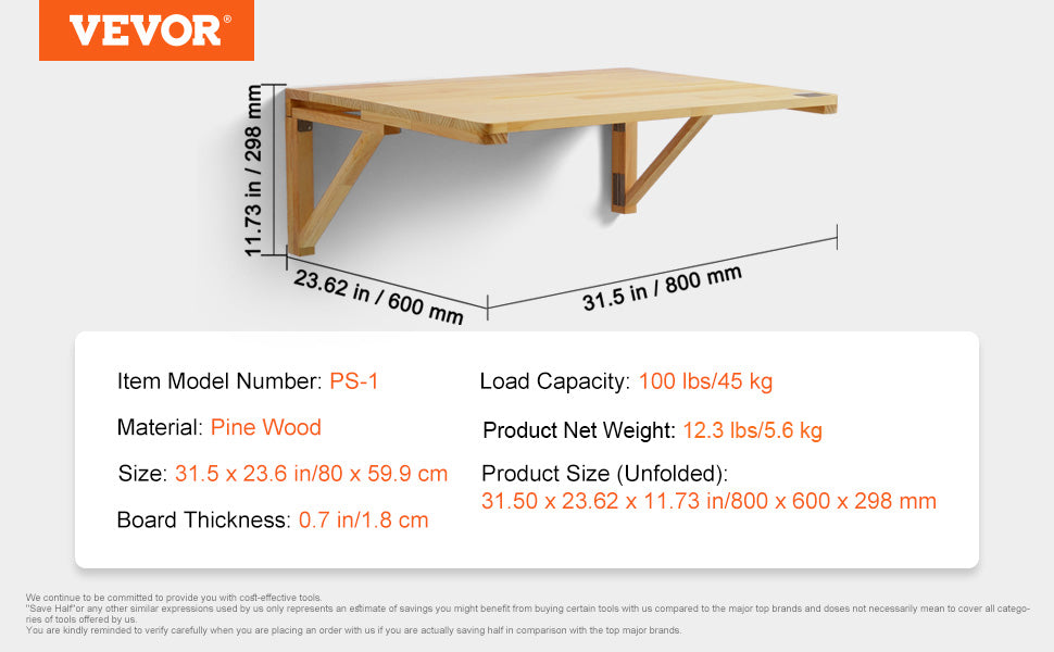 VEVOR Wall Mounted Folding Table Wooden Floating Desk with Iron Bracket Drop Leaf for Home Office Kitchen Bar Space-Saving
