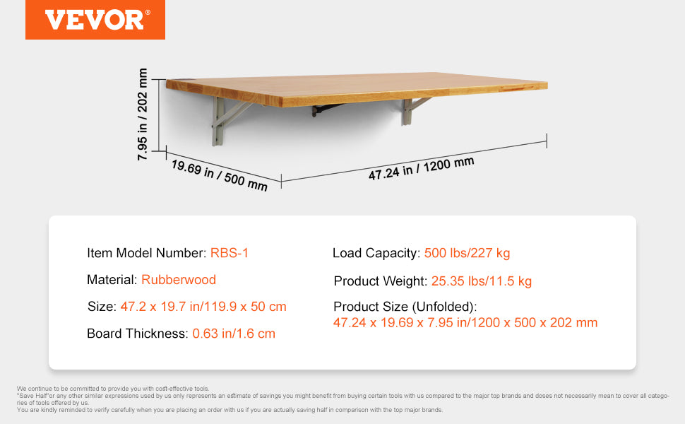 VEVOR Wall Mounted Folding Table, Wall Mount Drop Leaf Table, Wooden Floating Desk with Iron Bracket, Fold Down Desk for Spaces