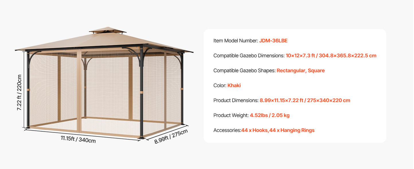 VEVOR Gazebo Netting Replacement Outdoor Garden Gazebo Ne 4-Panel Sidewall Mesh Gazebo Curtain with Double Zipper for Garden