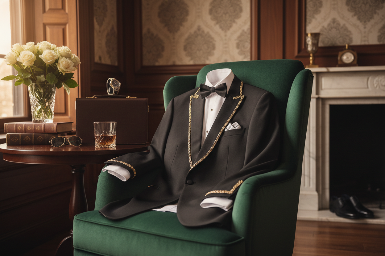 Men's Premium Tuxedo Blazer with Gold Chain Detail - Luxury Formal Jacket